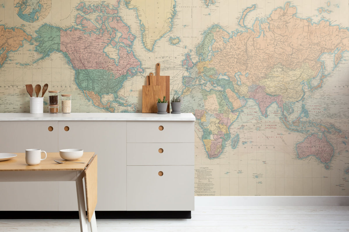 The Voyager Atlas mural in aged parchment in a kitchen