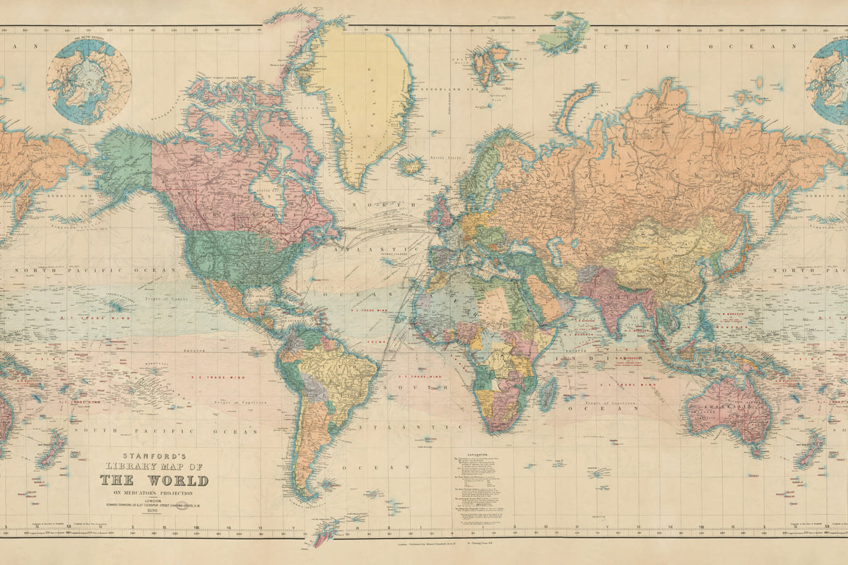Full artwork view of The Voyager Atlas mural in aged parchment, showing classic world map
