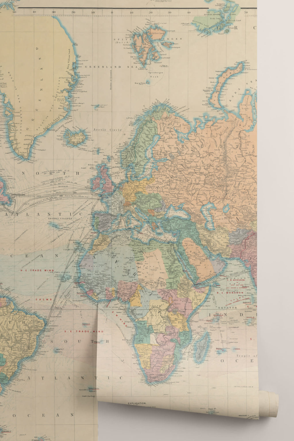 Rolled panel of The Voyager Atlas mural in aged parchment