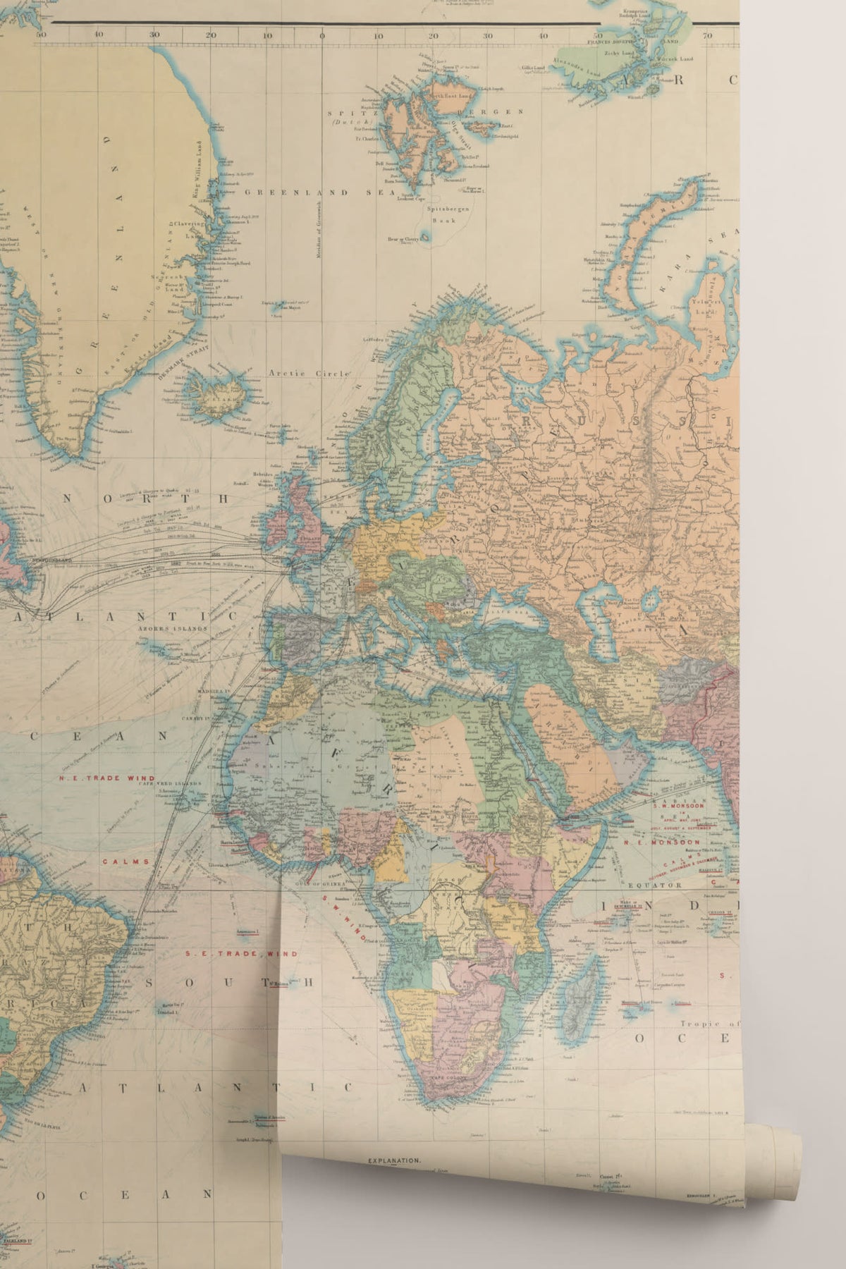 Rolled panel of The Voyager Atlas mural in aged parchment