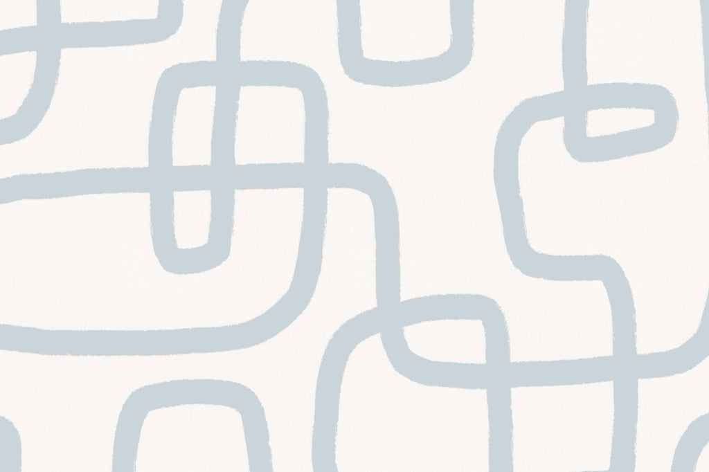 Flat pattern view of The Wandering Line wallpaper in pale blue, showing the looping abstract lines