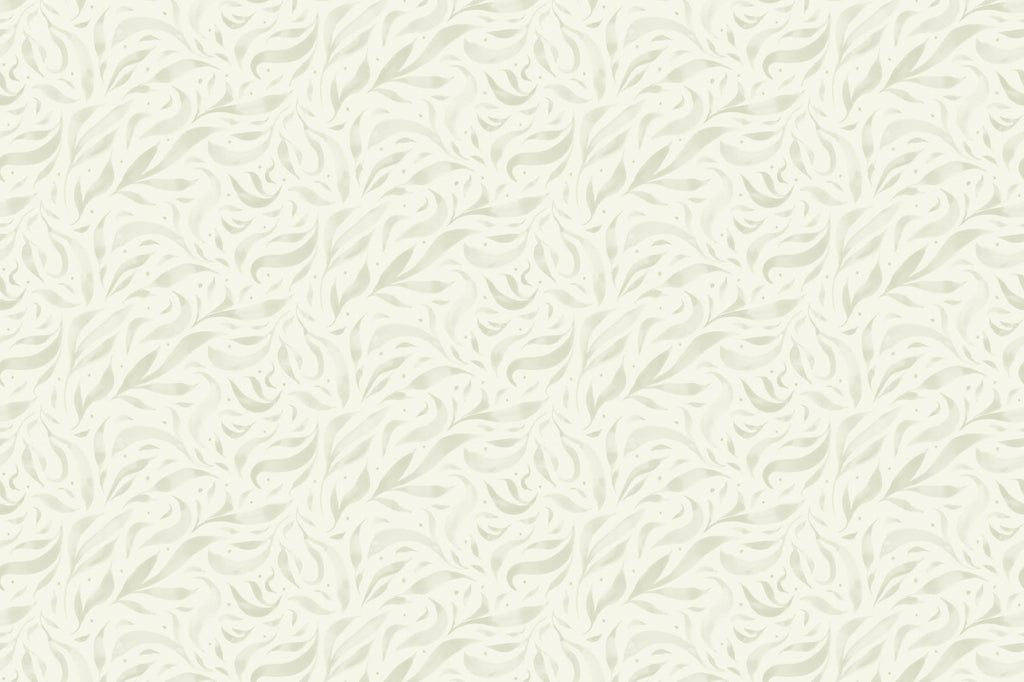 Flat pattern view of The Willow Breeze wallpaper in soft celery, showing the drifting watercolour leaves