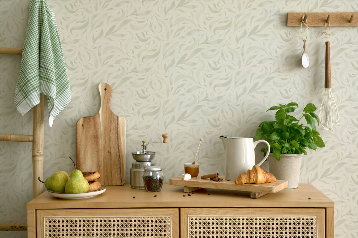 The Willow Breeze wallpaper in soft celery in a kitchen