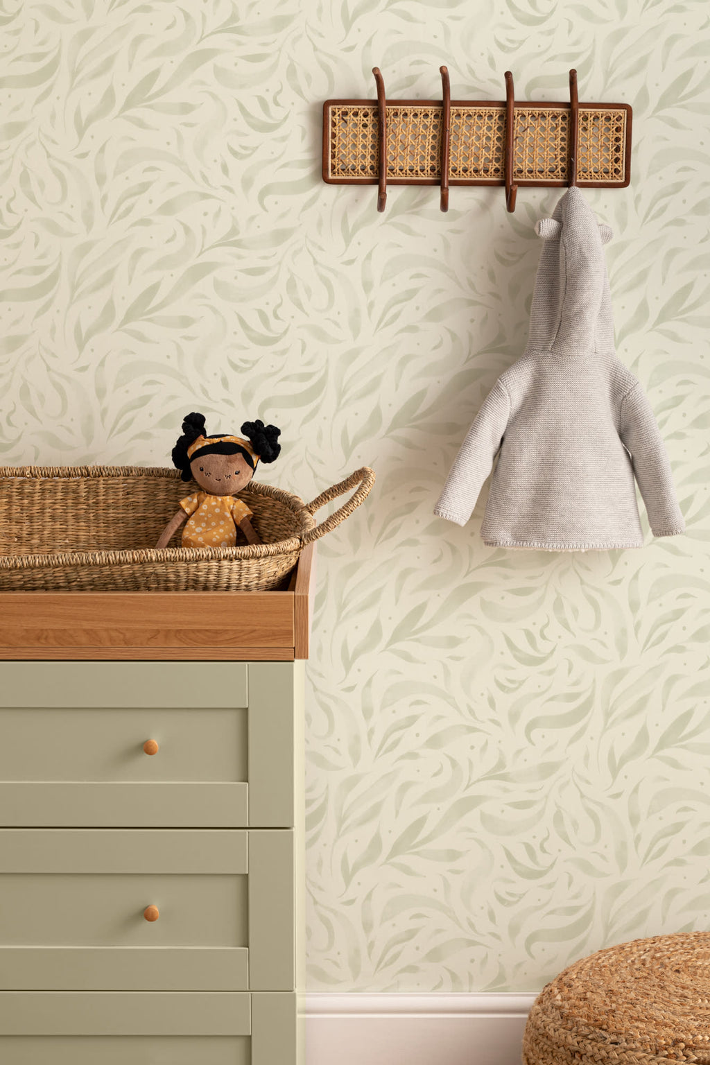 The Willow Breeze wallpaper in soft celery on a nursery wall