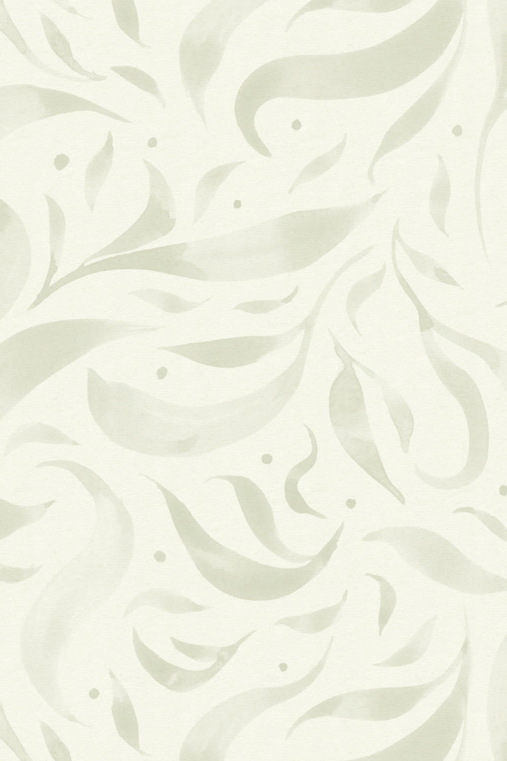 Close-up of The Willow Breeze wallpaper in soft celery showing the drifting watercolour leaves in detail